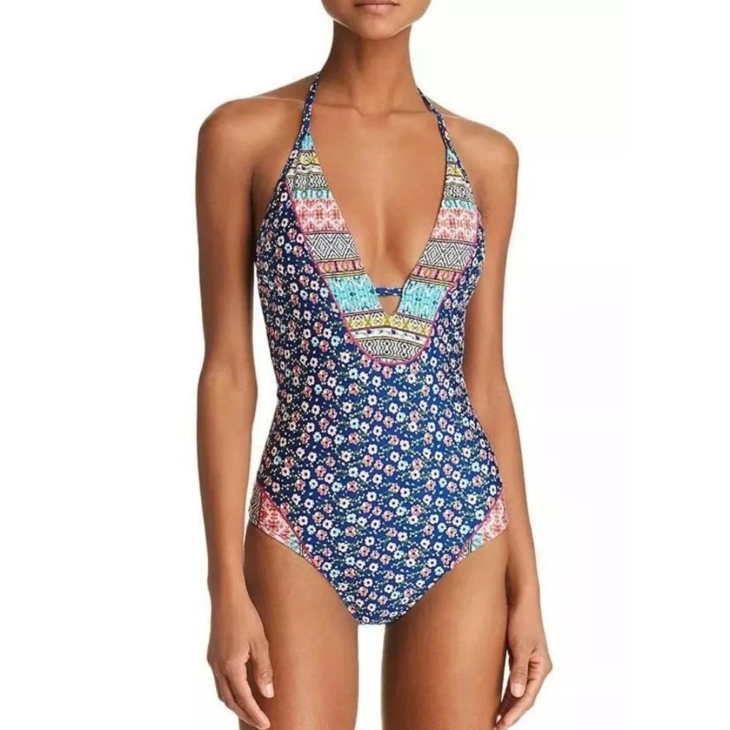Laundry By Shelli Segal Blue Floral One-Piece Swimsuit With Multicolor Trim